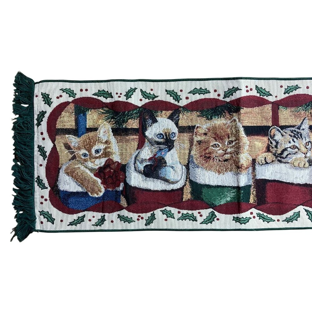 Whimsical Cozy Cats Christmas Tapestry Table Runner Kittens 13x73 Made In USA